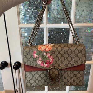 Gucci Brown GG Supreme Floral Shoulder Bag with Pink & Orange Blooms